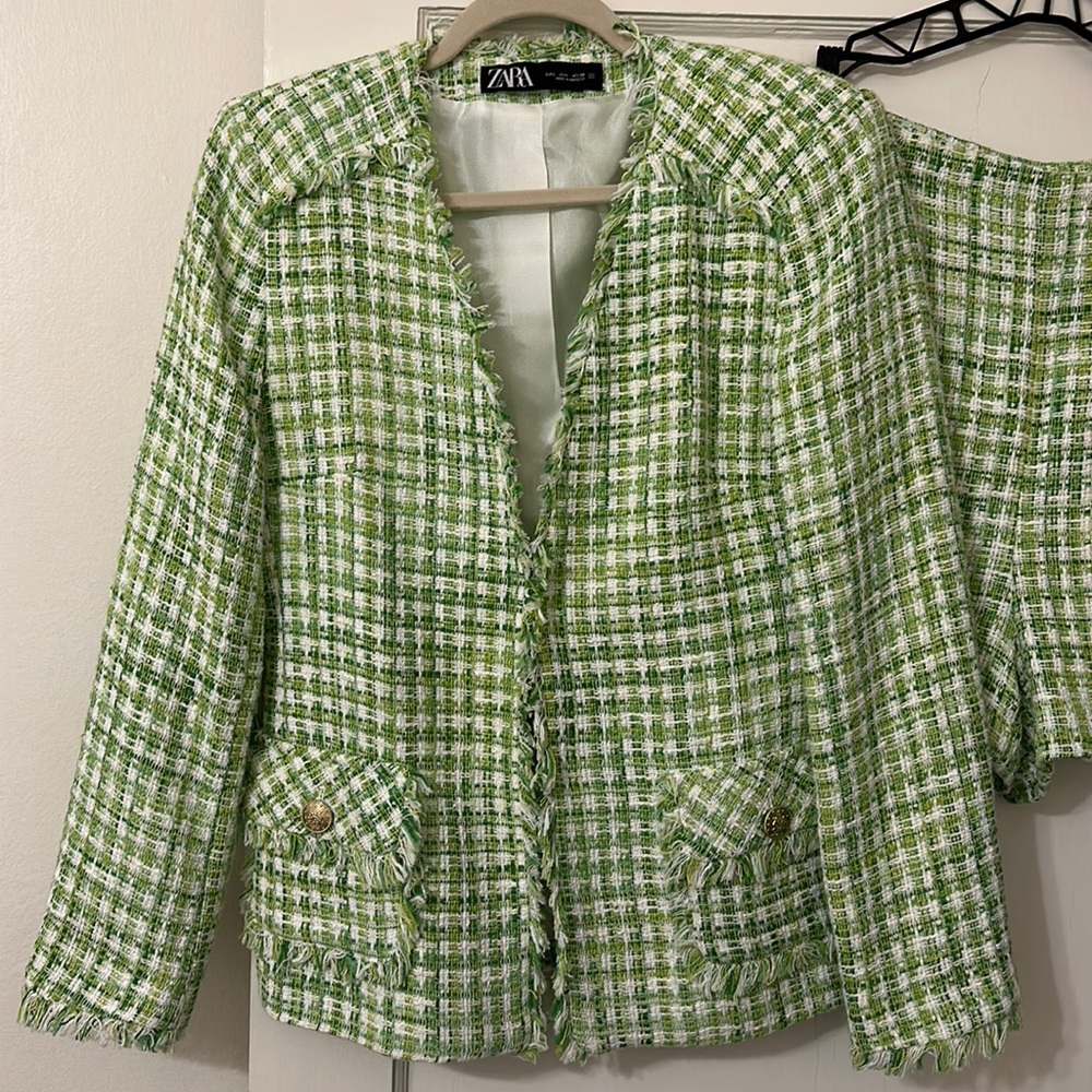 Zara Green Tweed Gingham Blazer